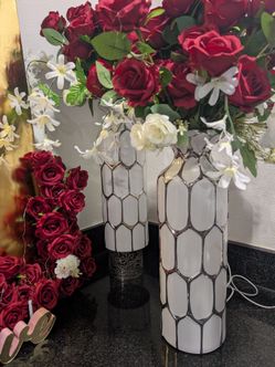 2 beautiful Chrome, metallic and white vases
