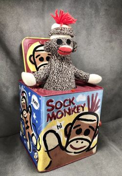 2010 Schylling Sock Monkey Jack in the Box Music Tin Plays Pop Goes the Weasel