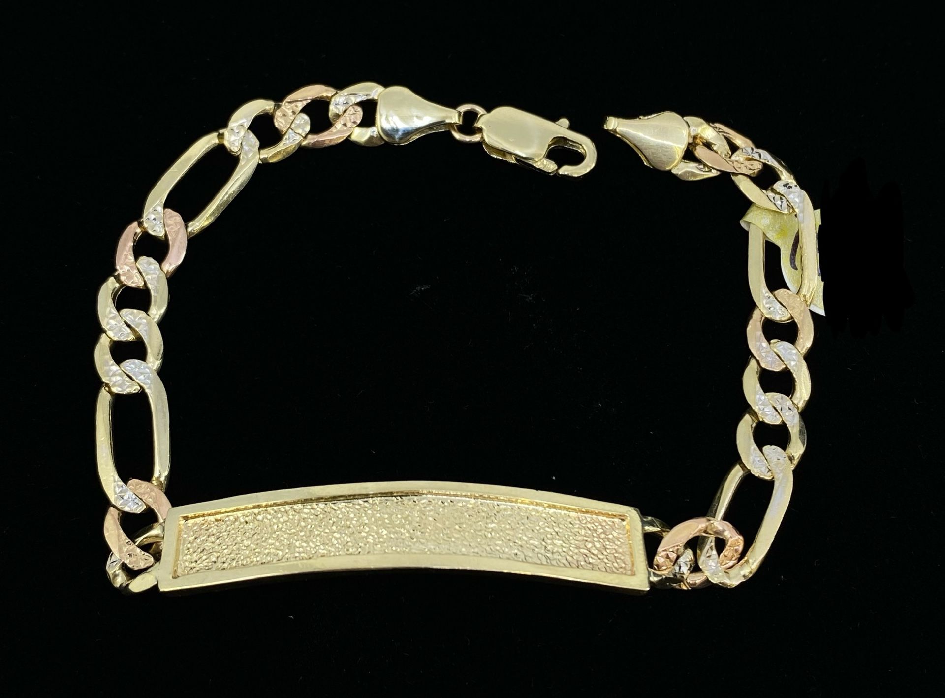 $2200 Three Tone Gold Figaro ID Link Bracelet
