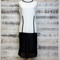 Misook White Black Knit Dress Size S 4 6 Sleeveless Shift Midi Lined Drop Waist
