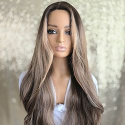 Brown  Chesnut Highlights Balayage 24" Synthetic Hair Wig New 