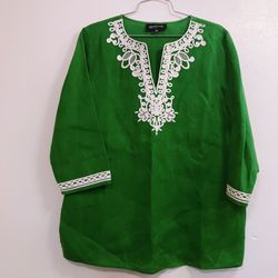 Jones New York Large Linen Embroidered Green Tunic Blouse 