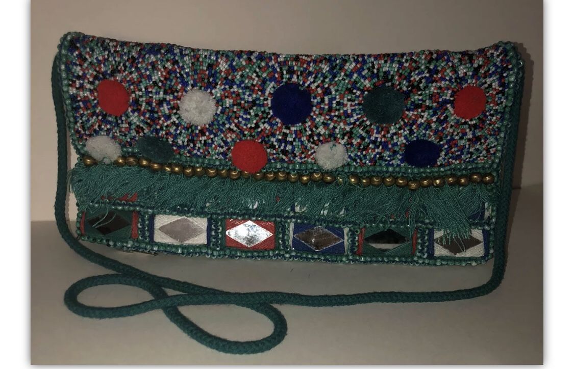 Anthropologie Riyaz Clutch Large Shoulder Bag Beaded Fringe Pom-Pom Turquoise
