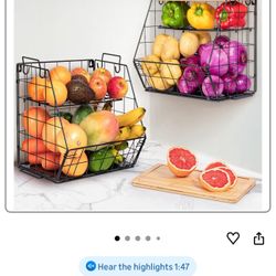 3 Tier Fruit Basket for Kitchen with Bamboo Cutting Board, 2 Set Pantry Kitchen Organizers and Storage, Stackable Wire Wall Basket