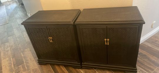 Pair of Black Woven Rattan Cabinets