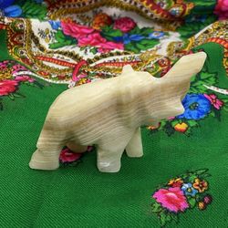 Vintage Hand Carved Cream Tone Onyx Marble Elephant Figurine. Trunk Up