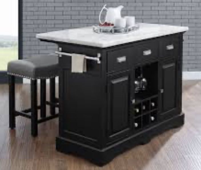 Marble Top Kitchen Island / Bar With Bar Stools