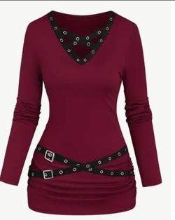Women'S Autumn And Winter Solid Color Metal Eyelet Strap Cross Top 2X