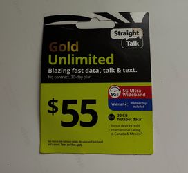 Staight Talk Gold Unlimited Prepaid Phone Data, Talk Text No ContractCard $20 Off