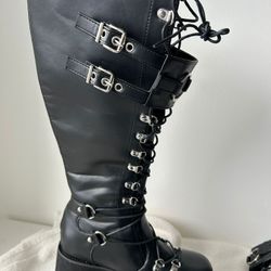 Women's Black Platform Gothic Boots, Mid Calf High Heel Knee High Goth Boots, Chunky Heel Winter Boots, Punk Rave Boots, Combat Boots with