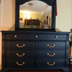 Navy Blue And Gold Nine Drawer Dresser With Mirror