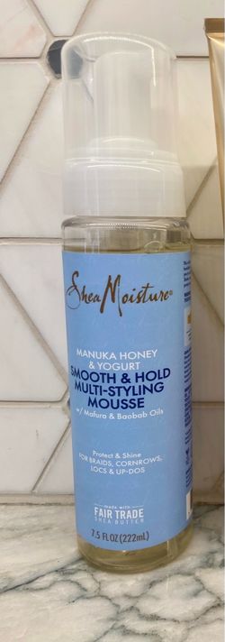 New SheaMoisture multi-styling mousse is formulated with manuka honey, yogurt, mafura oil, and baobab oil.