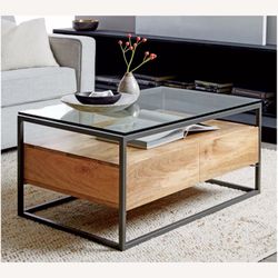 WEST ELM MANGO WOOD GLASS TOP STORAGE COFFEE TABLE