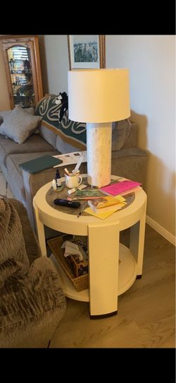 Set of 2 side tables - white wood and grey marble
