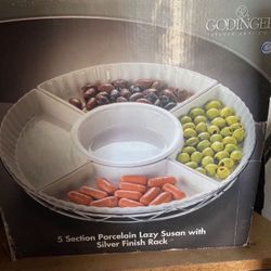 GODINGER 5 SECTION PORCELAIN LAZY SUSAN WITH SILVER FINISH RACK SERVING TRAY SERVER