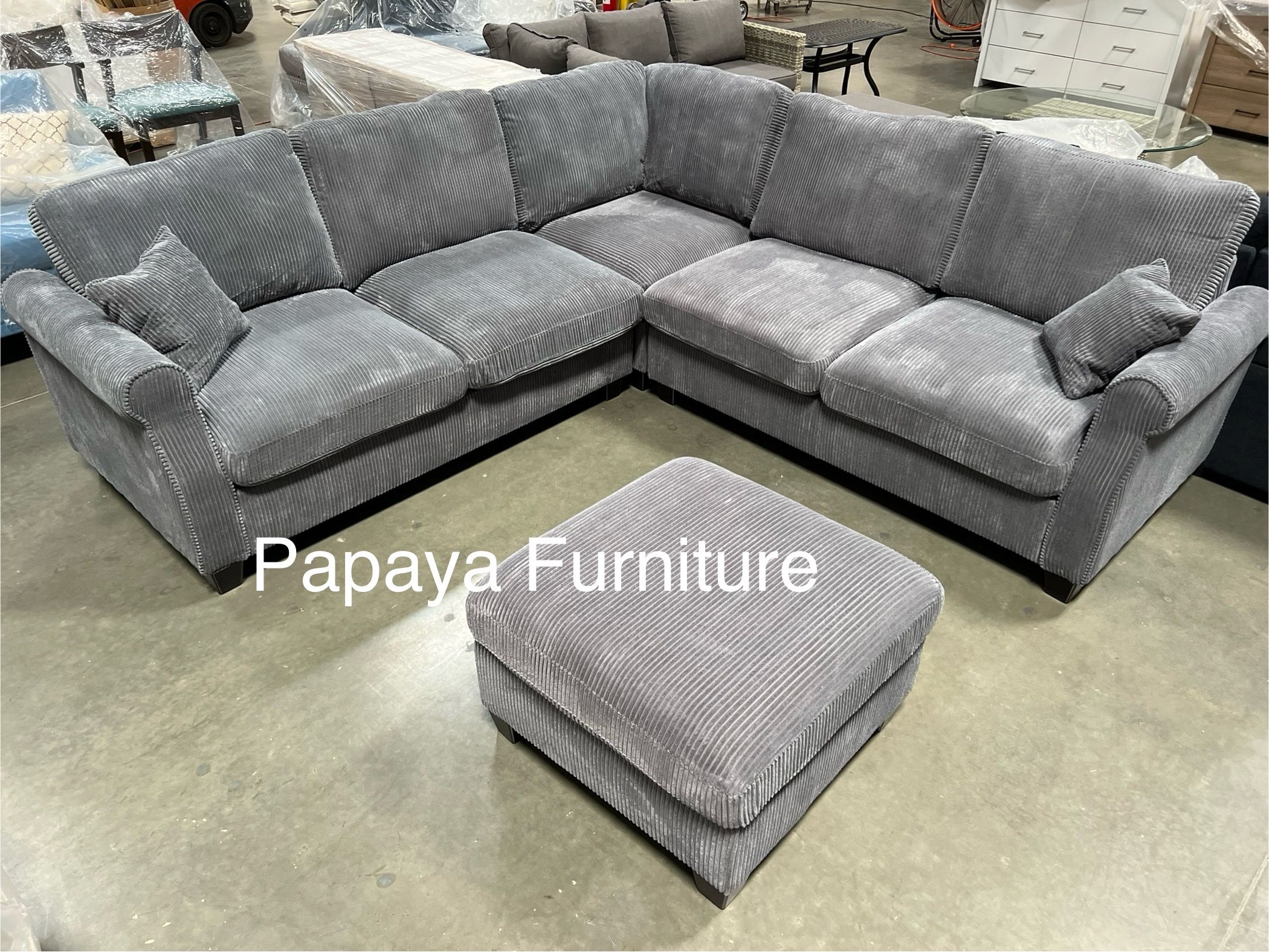 New! Plush Sectional Sofa And Ottoman, Grey Sofa, Grey Couch, Grey Sectional Couch, Sofas, Sectionals, Sectional Couch, Gray Sectional,Corduroy Couch