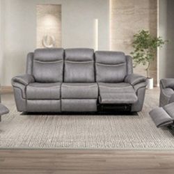 Brand New Grey Leather 3pc Reclining Sofa Set 