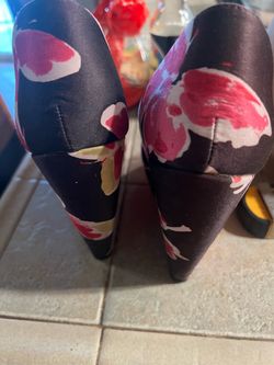 Floral Satin Block Heel Pumps