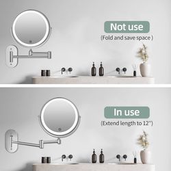 Wall Mounted Lighted Makeup Vanity Mirror 8 inch 1X/10X Magnifying Mirror with 3 Color Lights, Double Sided Bathroom Mirror with Dimmable LED Lights, 