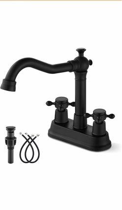 gotonovo 4 Inch Centerset Bathroom Faucet 2 Hole Vintage, Matte Black Bathroom Sink Faucet 3 Hole Dual Cross Handles, 360° Swivel Spout, Pop up Drain,