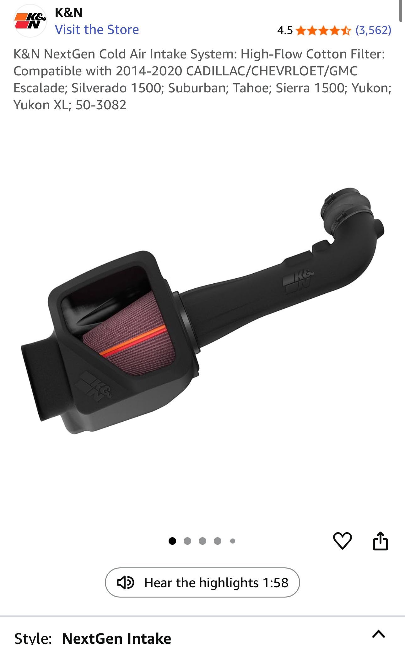 K&N Cold Air Intake Brand New! For Chevy, GMC, Cadi, Etc 2014-2020