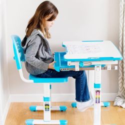 VIVO Height Adjustable Children's Desk and Chair Set, Kids' Multifunctional Interactive Workstation for School Writing Study Play,Tilting Desktop Blue