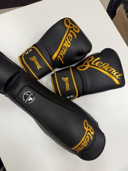 Blegend 16 oz Boxing Gloves & Matching Shin Guards Set (Black & Gold, Microfiber Leather, Handcrafted in Thailand)