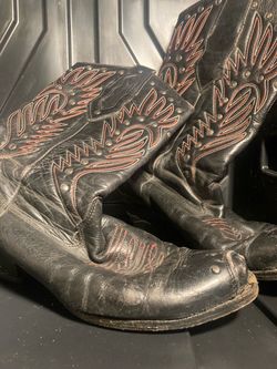 Black Leather Cowboy Boots with Red Embroidery