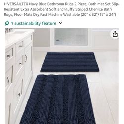 H.VERSAILTEX Navy Blue Bathroom Rugs 2 Piece, Bath Mat Set Slip-Resistant Extra Absorbent Soft and Fluffy Striped Chenille Bath Rugs, Floor Mats Dry F