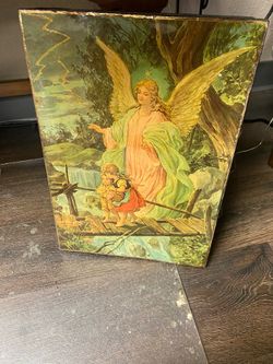 Antique guardian angel safe crossing religious picture wall hanger