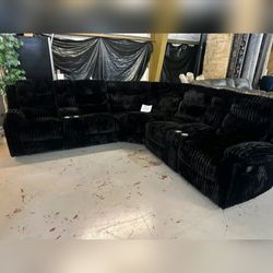 Black soft corduroy Manual Motion recliner Sectional
couch Manual Motion + 2 x Console + Cup Holders