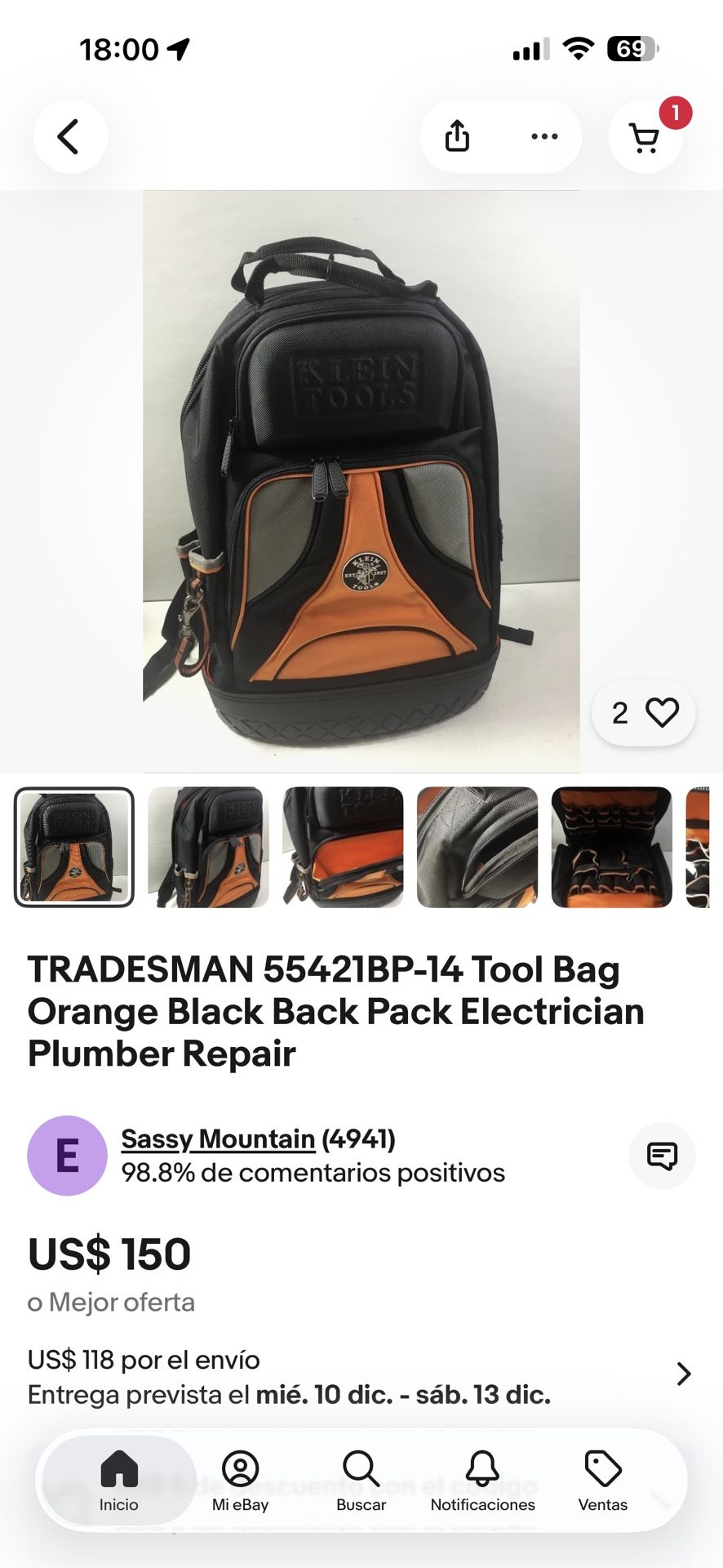 TRADESMAN 55421BP-14 Tool Bag Orange Black Back Pack Electrician Plumber Repair