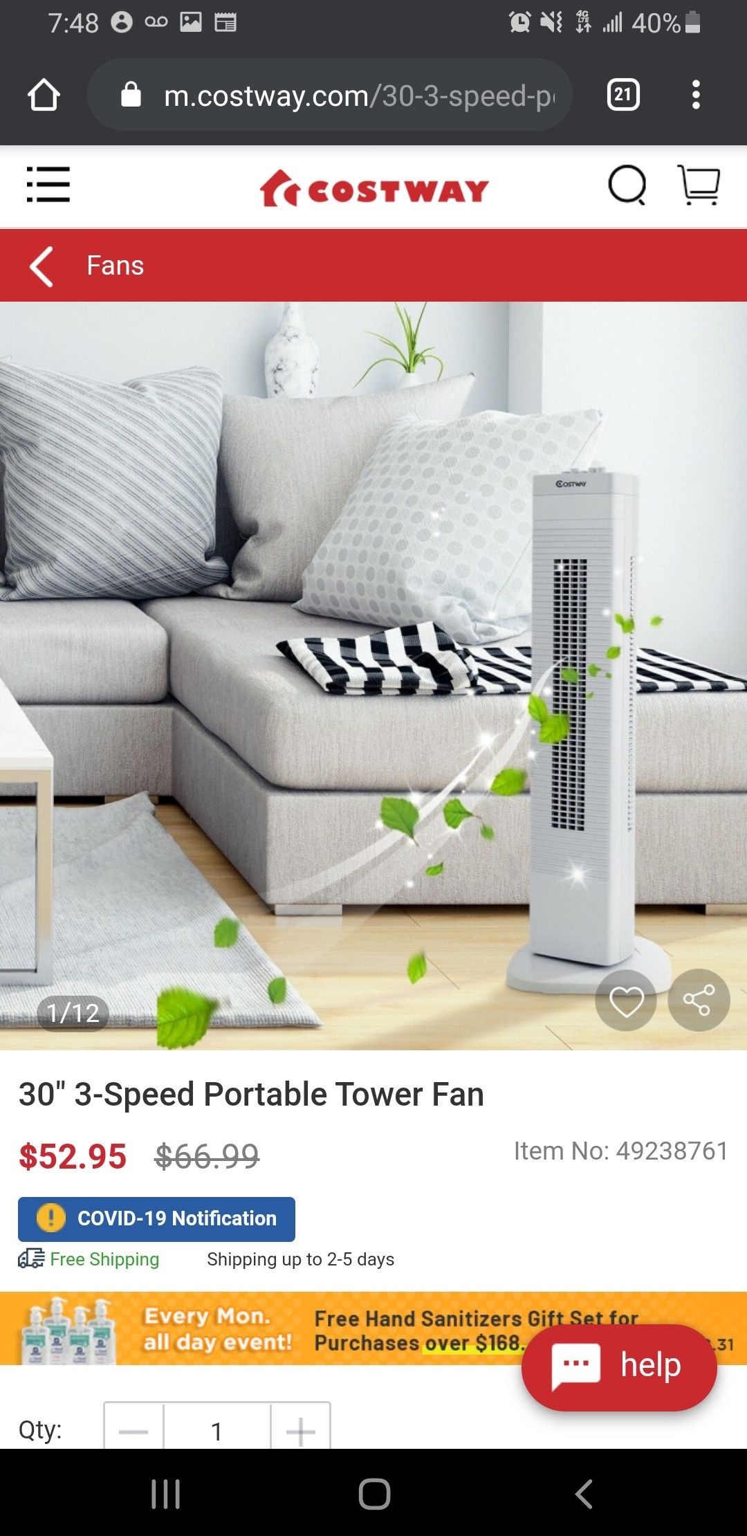 🥶🥶New 30" 3-Speed Portable Tower Fan🥶🥶