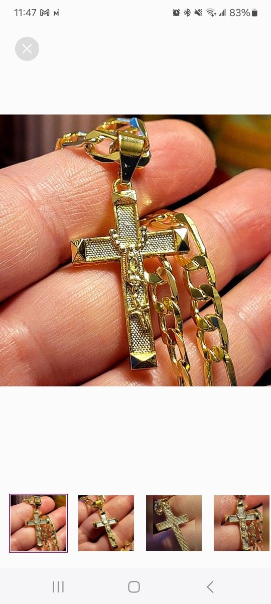 22" Figaro 18k Gold Filled Necklace 6mm Thick Hypoallergenic + Cross Pendant