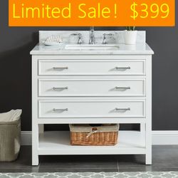 36”white single sink bathroom vanity with carrara white marble stone top