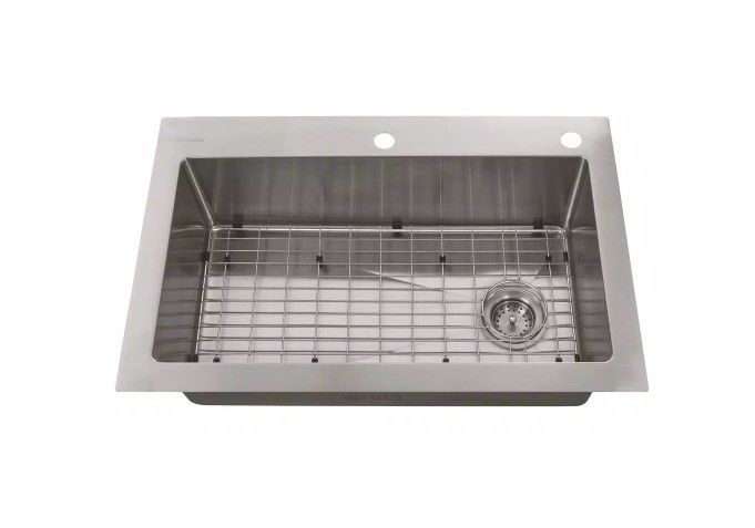 Glacier Bay Tight Radius Stainless Steel 33 in. 18-Gauge 2-Hole Single Bowl Dual Mount Kitchen Sink with Grid and Strainer