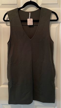 Free People Olive Green Knit V-Neck Mini Sweater Dress Tunic Pockets NWT XS