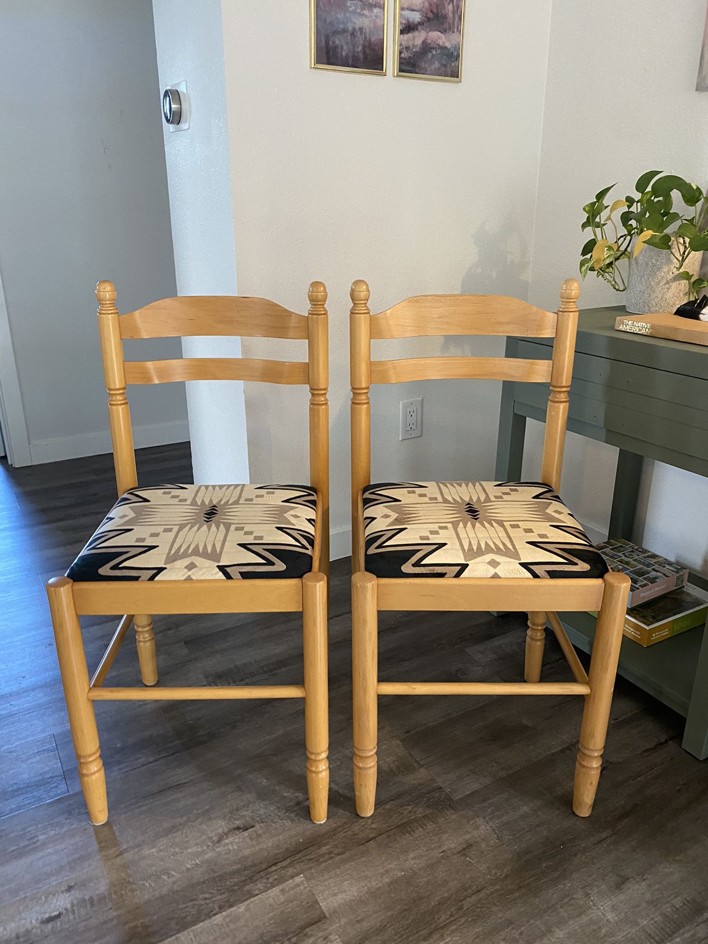 MCM Wood Dining Chairs! Set of two! Native print seats!