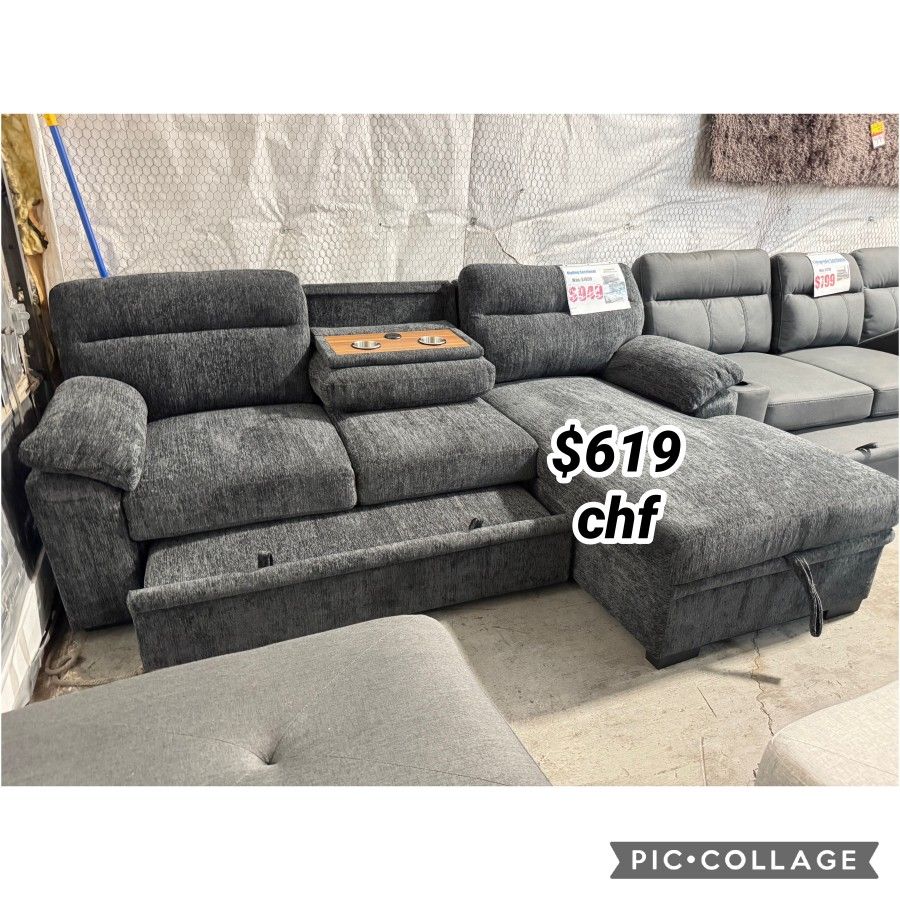 94"W Dark Gray Chenille Fabric Sleeper Sectional Sofa with Right-Facing Chaise, Cupholders, USB Charging port