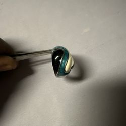 Stainless Steel Band w Round Clear Rhinestone in Black Enamel Frame Ring Size 11