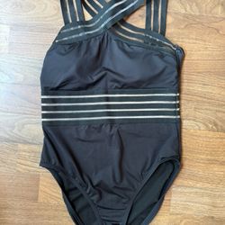 Kenneth Cole Black One Piece MED Cross Neck Illusion Mesh Swimsuit Bathing Suit