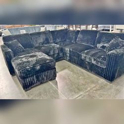 Black couch corduroy sectional sofa with ottoman 
