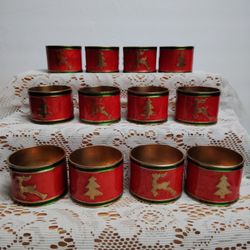 Pier 1 Imports Holiday Napkin Rings Brass Tone Enamel Trees Reindeer Pretty!