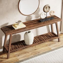 Turrella 70.86 in. Light Brown Rectangle Wood Console Table with 2-Tier Storage for Living Room