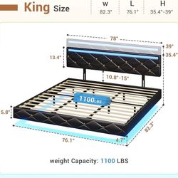 Hasuit Floating King Bed Frame with LED Lights and Charging Station, Modern Platform Bed King Size with Vegan Leather Upholstered Headboard, No Box Sp