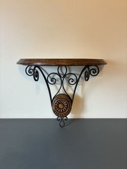 Vtg Half Moon Wood Wall Shelf Scrolled Wrought Iron Ornate Home Decor