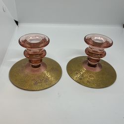 VTG (2)  Pair of Pink Depression Glass w Heavy Etched Gold Floral Candle Holders