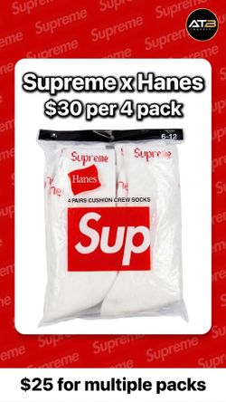 Supreme x Hanes 4 Pairs Crew Socks White and Black $30 per pack/$25 for multiple packs purchases.