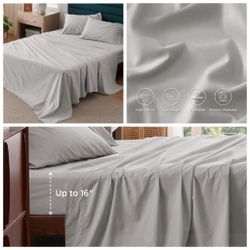 100% Cotton Percale Sheets King Size 4 Pieces Grey Breathable Crisp Soft Deep Pocket 16 Inches Bedsheet Pillowcase Sets Grey