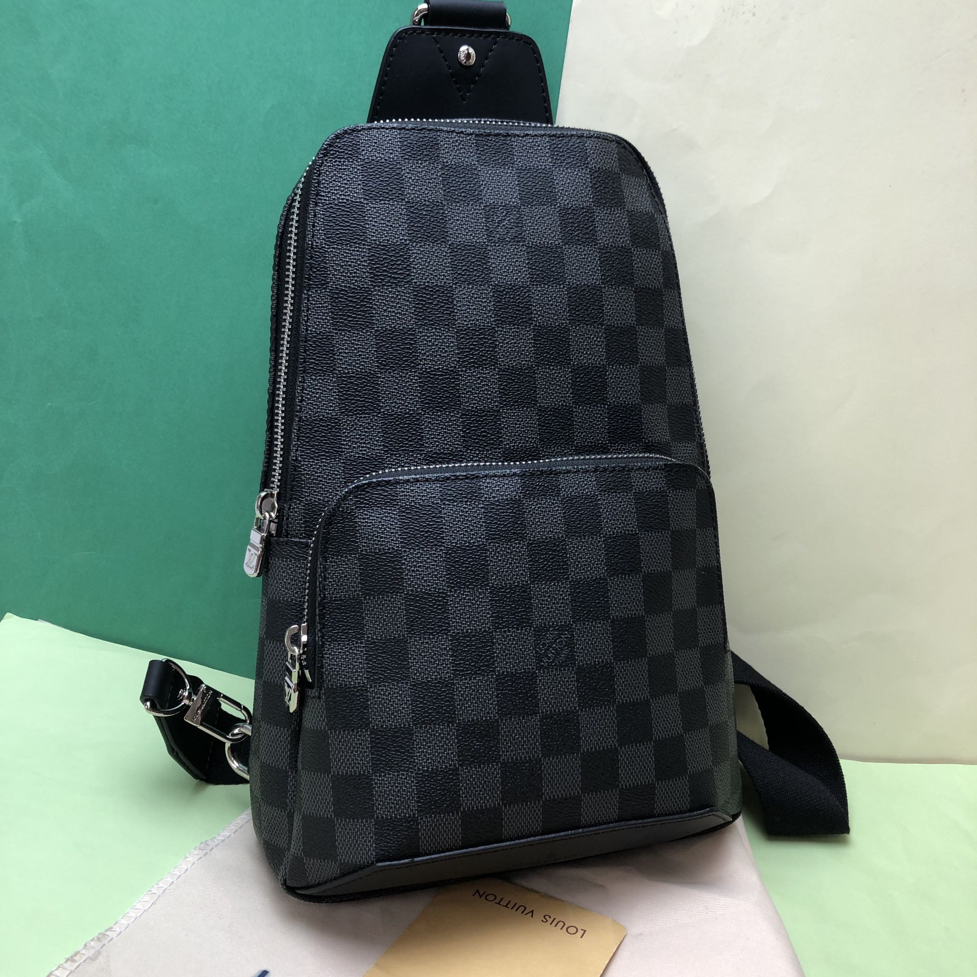 Louis Vuitton black gray leather diamier cavas sling backpack